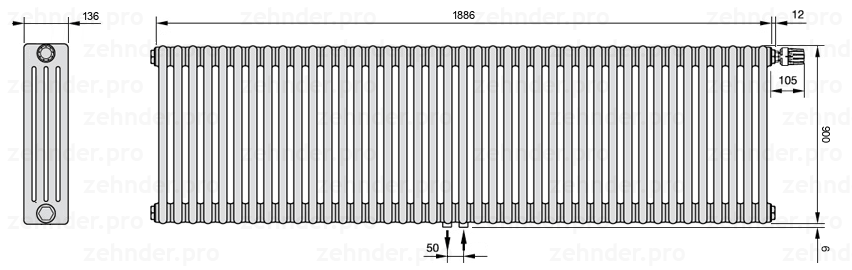 Схема (чертеж) Радиатор Zehnder Charleston 4090/41 №V008 Белый глянцевый RAL 9016